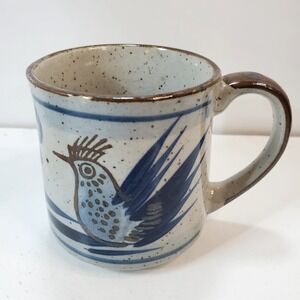 Vintage Stoneware Pottery Coffee Mug w Hand Painted Bird, Flowers, & Leaves